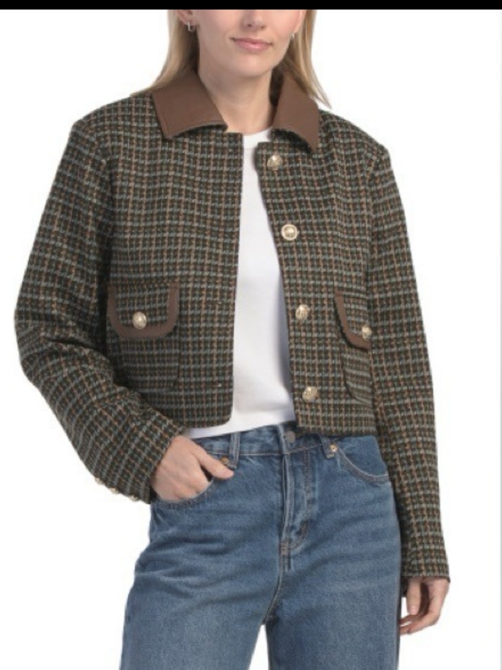NWT BAGATELLE COLLECTION Houndstooth Jacquard Jacket With Faux Leather Colla - Picture 3 of 14